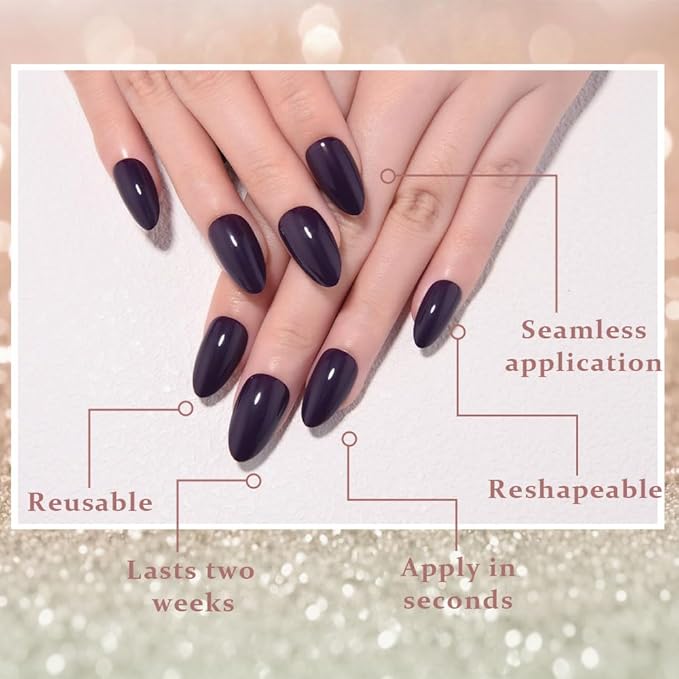evpct Dark Purple Press on Nails Short Almond, Glossy Eggplant Purple Fake Nail for Women Gift with Kits, Salon Quality Soft Gel Stick on False Acrylic Nails Reusable Full Cover with Manicure Kit