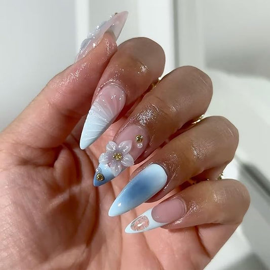 JONKASIPA Almond Press on Nails 3D Flower Stick on Nails French False Nails Acrylic Nails Glossy Artificial Nails Full Cover Glue on Nails for Women 24Pcs