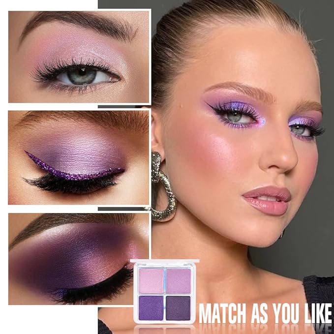 Kaely Powder Eyeshadow Quad, Lavender Purple Glitter Eyeshadow Palette Makeup, Neutral Eye Shadow Palette for Older Women Pigmented Waterproof, sombras para ojos, Blendable, Cruelty-free, 05
