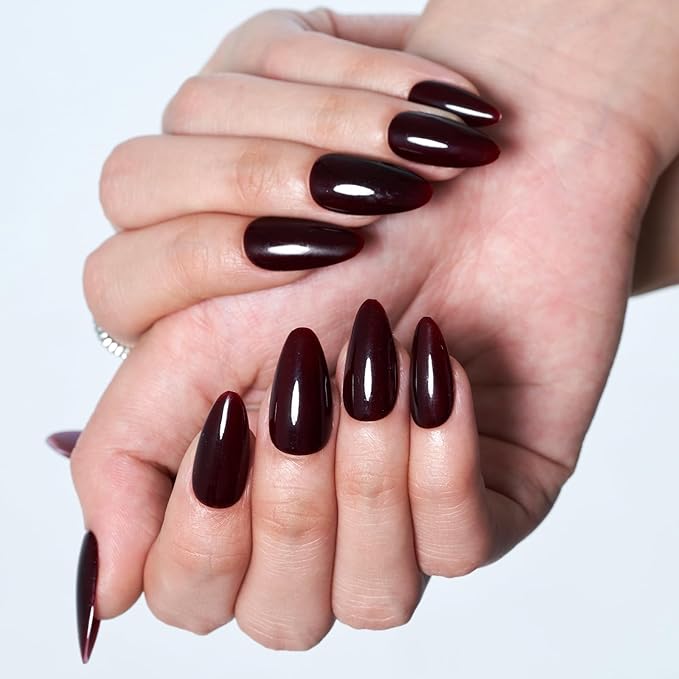 GLAMERMAID Dark Red Press on Nails Medium Almond, Handmade Jelly Soft Gel Deep Red Glue on Nails Stiletto, Burgundy Gothic Fake Nails Set, Reusable Acrylic Stick on False Nails Manicure Kit for Women