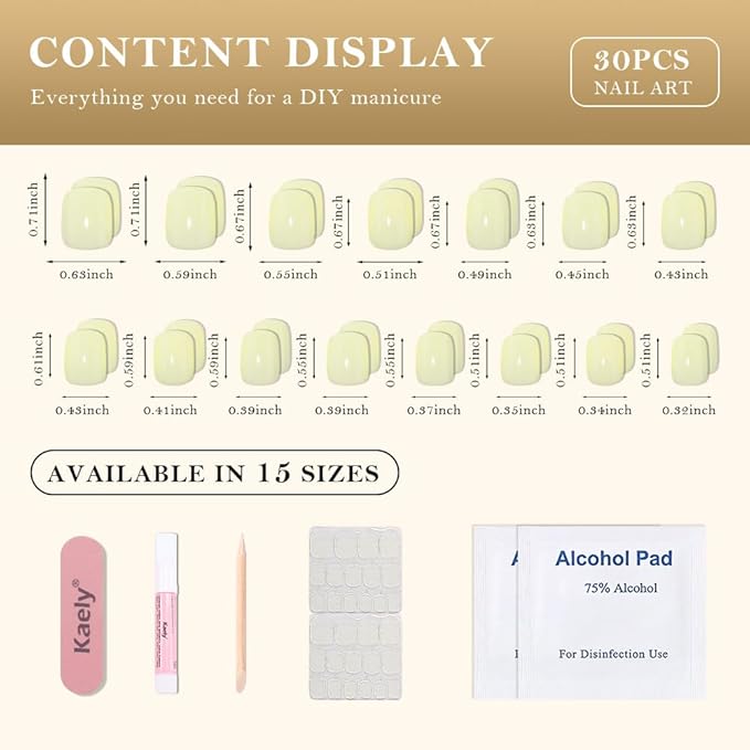 evpct Pale Yellow Glossy Press on Nails Short Square, Glossy Yellow Fake Nails Summer Reusable, Acrylic False Nail Stick on Press ons for Women Gifts, Perfectly Fit False Nail Kit with Kits 30Pcs