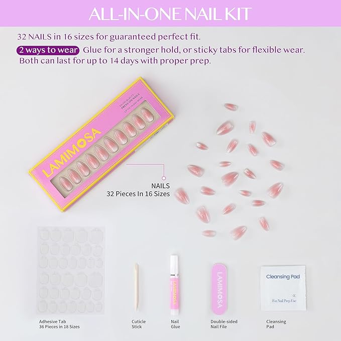 LAMIMOSA 32Pcs Cat Eye Press On Nails Short Almond – Soft Gel Fake Nails in 16 Sizes, Reusable Glue on Nails Kit, PEACHY BLUSH