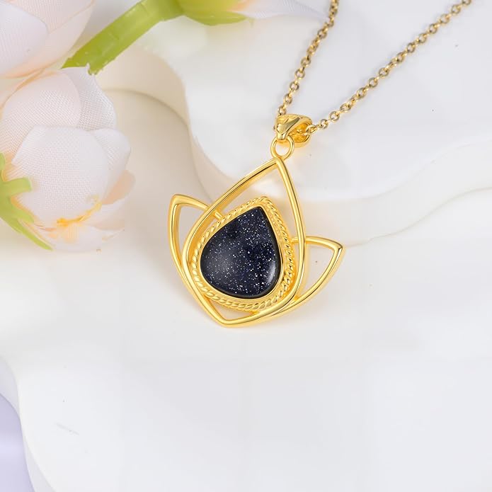 RYNSITO Blue Sandstone Necklace for Women 18+2 Inch Adjustable Chain Elegant Blue Sandstone Pendant Necklace Gift for Her Exquisite Jewelry