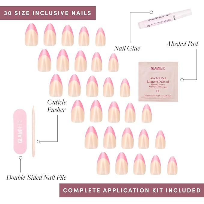 Glamnetic Press On Nails - Bubble Gum Glaze | Short Almond Pink French Tip Nails with a Glaze Finish | 15 Sizes - 30 Nail Kit with Glue