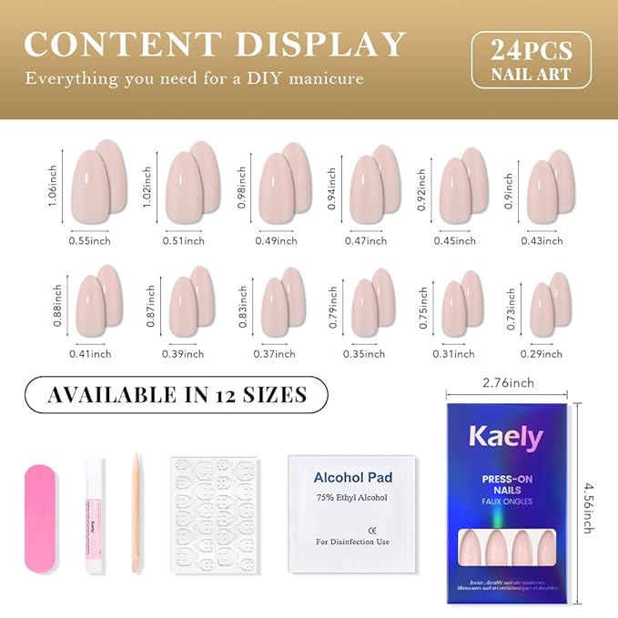 evpct Light Nude Medium Almond Glossy Press on Nails for Women Gift, Glossy Light Nude Fake Nail with Kits Manicure Kit, Soft Gel Full Cover Reusable Stick on Soft Acrylic False Nails Perfectly Fit