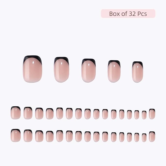 RPNZL Press On Nails - Eclipse | Black French Tip, UV Finish Short Square Nails, Reusable | 32 Nails, 16 Sizes Kit with Glue and Adhesive Tabs I Female Founded