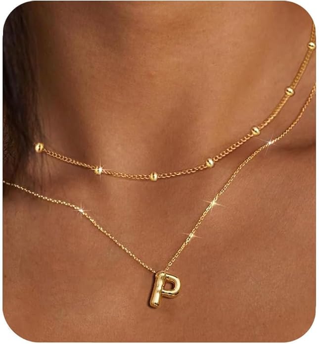 PANSHI Gold Initial Necklaces Gifts for Teen Girls Women Girlfriend Teen Girl Gifts Trendy Stuff Layered Bubble Letter Necklace Gold Jewelry Birthday Gift