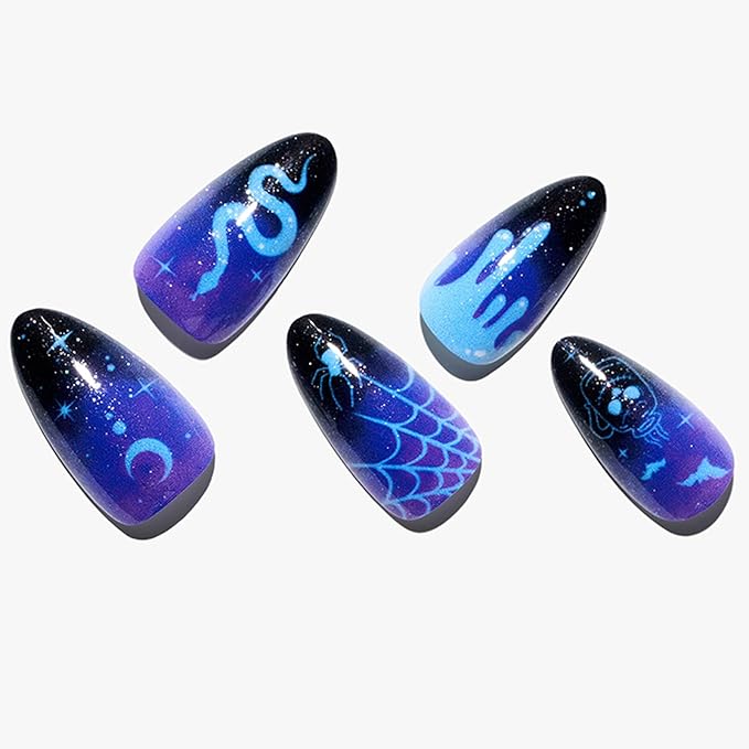 GLAMERMAID Press on Nails Medium Almond, Winter Gothic Black Blue Ombre Snake Gel Glue on Nail, Glossy Short Stiletto Reusable UV Finish Emo Fake Nails, Acrylic False Nails Manicure Kits for Women