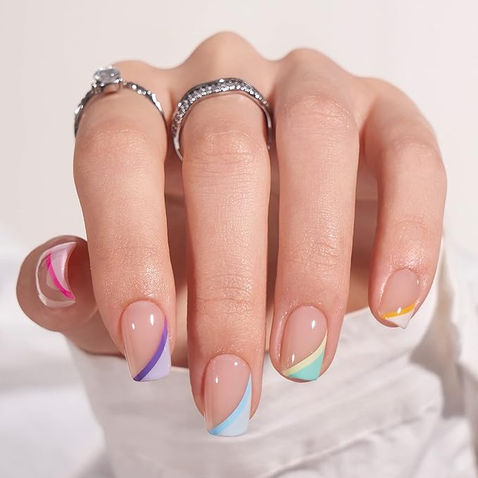 BTArtbox Short Press On Nails - Soft Gel French Tip Press On Nails, Supremely Fit & Natural Square Glue On Nails with Nail Glue, Reusable Stick On Nails in 15 Sizes, Pastel Curves