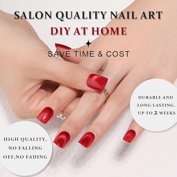 evpct Red Cat Eye Extra Short Press on Nails Square, Petite Short Square Stick on Nails for Women Gift, Real Red Metallic Glitter Glossy Reusable Soft Gel Press on Acrylic Fake Nail with Designs