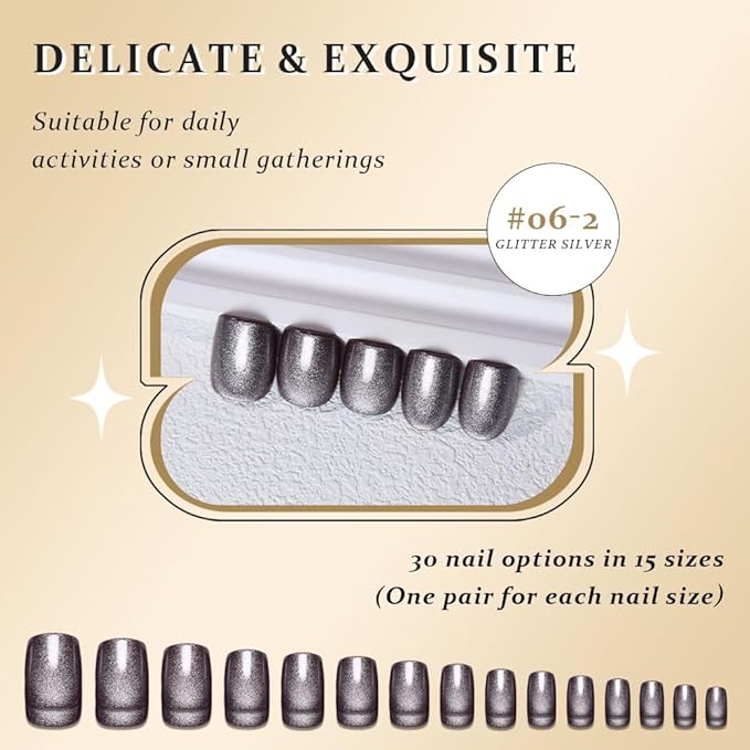 evpct Glitter Pearl Silver Cat Eye Press on Nails Square, Short Square Stick on Nails for Women Gift, Glitter Metallic Shimmer Silver Reusable Gel Press on Acrylic Fake Nail with Designs