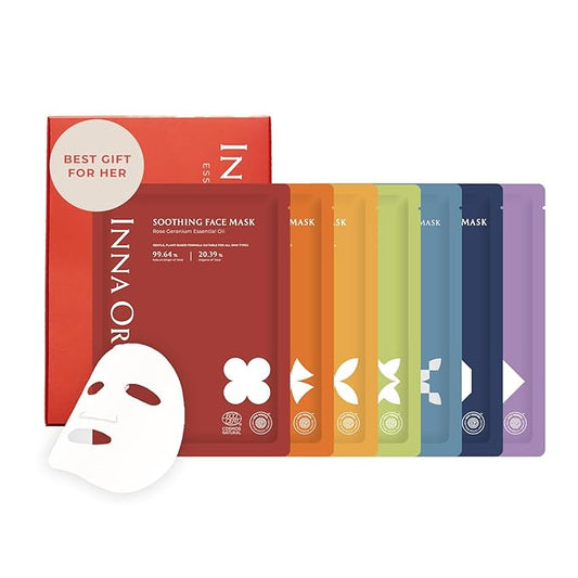INNA ORGANIC Full Chakra Sheet Mask Giftbox, Anti-Aging, Hydrating & Calming, EWG & COSMOS Certified (Pack of 7) | Christmas Gift set to Mom, Bridle gift| Luxury Clean Beauty