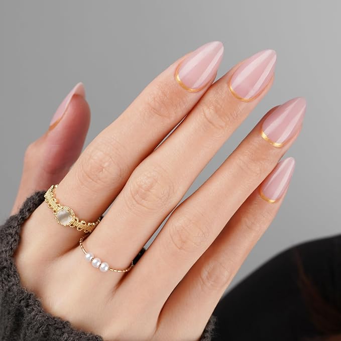 Canvalite Press On Nails Almond, Short Press on Nails Gold French Tip Reusable Acrylic Fake Nails with Glue & Glue Remover Easy to Use 30Pcs Manicure Kit for Women