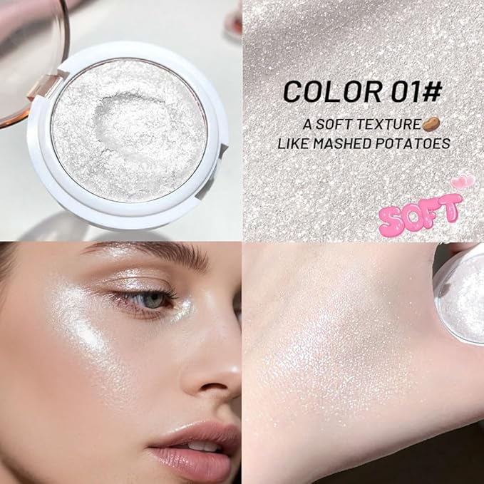 Highlighter Makeup Palette for Blush,Contour,Shadow,Face or Eye Makeup, Shimmer Glow, Creamy Mousse Pressed Powder, Intensely Pigmented, Glitter Sparkling (B03-01# Silver Pearl)