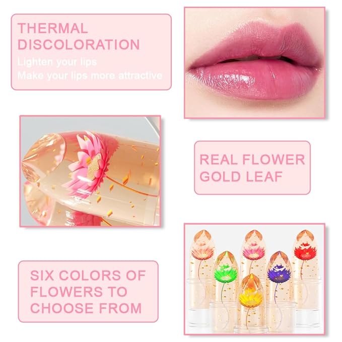 BINGBRUSH 6 Pcs Crystal Flower Jelly Color Changing Lipstick,Long Lasting Lip Care Moisturizer Lip Balm Magic Color Change Lip Gloss Lip Tint Stain Matte Makeup Lipstick (6 Pcs 01#-06#)
