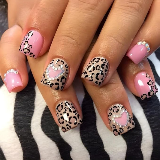 Press on Nails Short Square - Pink Fake Nails with Leopard Print Design - Heart Rhinestone Full Cover Stick on Winter False Nails for Women 24 Pcs