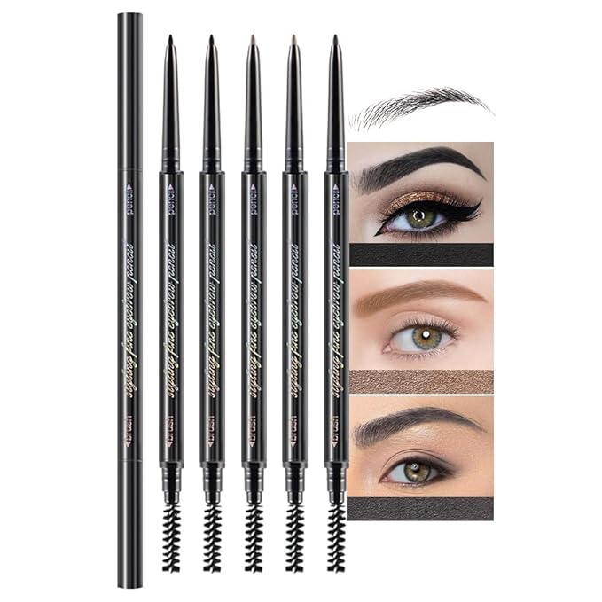 5 Pcs Dual-Sided Auto-rotate Ultra-Fine Tip Eye Brow Pencils Pack,Draws Tiny Brow Hairs, Defines, Fills Brows, Shapes, Contours, Combs, ‌1mm Pen Point (2*Black+2*Light brown+Gray)