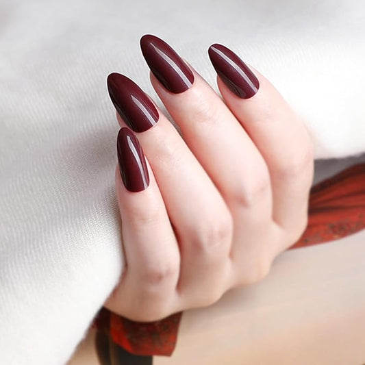 JONKASIPA Medium Almond Shape, Press On Nails, Burgundy Red Fake Nails Short Oval, Reusable Acrylic Patch Fake Nail Set Designed for Women
