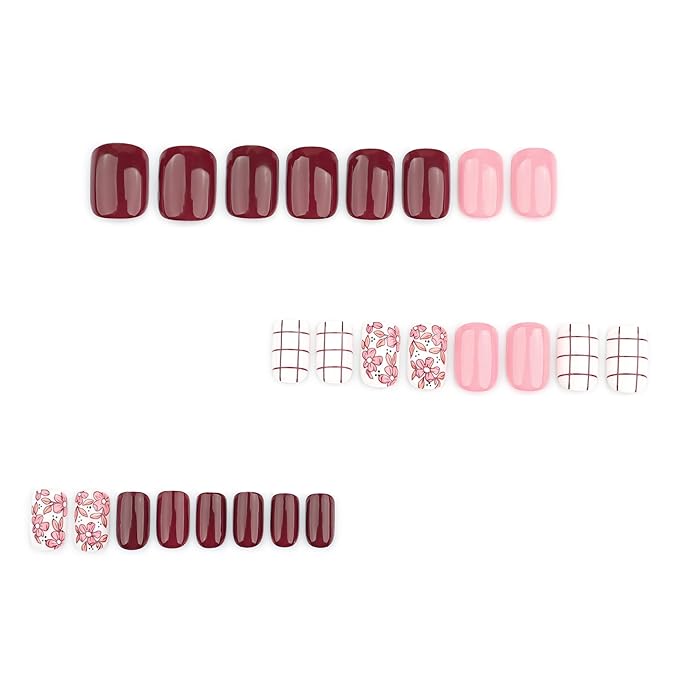 XZMeiLun Press On Nails Spring Summer Acrylic Nails for Women - Lattice Flower Designer Fake Nails Short Square 24PCS, Outdoor Picnic/Wedding/Party Reusable Stick On Nails Gift
