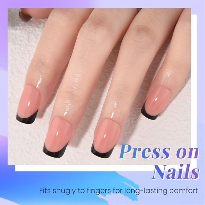 XZMeiLun Nude+Black French Tips Press on Nails, Short Square Acrylic Fake Nails Design, Natural Reusable Glue-On Nails Kit for Women DIY False Nail Art Decoration Gift, Salon Quality Reusable 32 Pcs