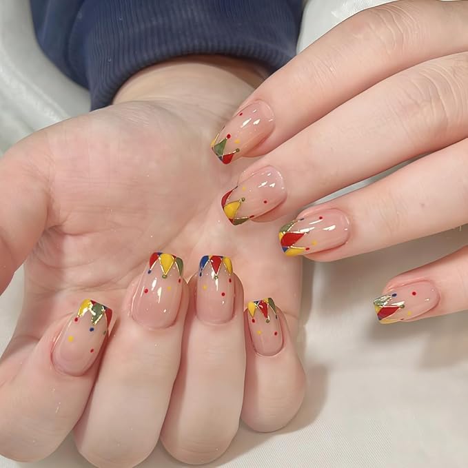 XZMeiLun Baroque Short Square Press On Nails 30Pcs, Spring Summer Nails for Women, Colour French Tips Press On Nail, Designer Reusable Acrylic Fake Nail with Glue On Nails,Stick On Nails for Women