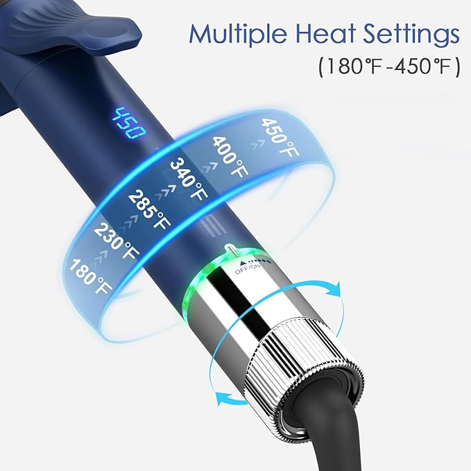 1 Inch Curling Iron with Clamp, 6-Level Dial Temp Control 180–450℉, Tourmaline Ceramic, Fast PTC Heating, 100–240V Dual Voltage Long Barrel Curler