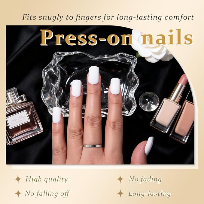 evpct White Short Squoval Glossy Press on Nails for Women Gift, Glossy White Fake Nail with Nail Kit Manicure Kit, Soft Gel Full Cover Reusable Stick on Soft Acrylic False Nails Perfectly Fit