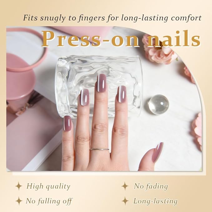 Mauve Pink Cat Eye Press on Nails Medium Square, Medium Square Press Stick on Nails Chrome for Women Gift, Mauve Holographic Glitter Glossy Reusable Gel Acrylic Fake Nail with Designs Cateye Effect