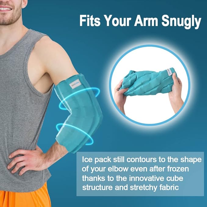 Comfcube Elbow Ice Pack for Tendonitis & Tennis Elbow, 2 Hours Long Lasting Cold Compression Flexible Ice Pack Wrap Sleeve, Pain Relief for Golfers Arm, Arthritis, Injuries