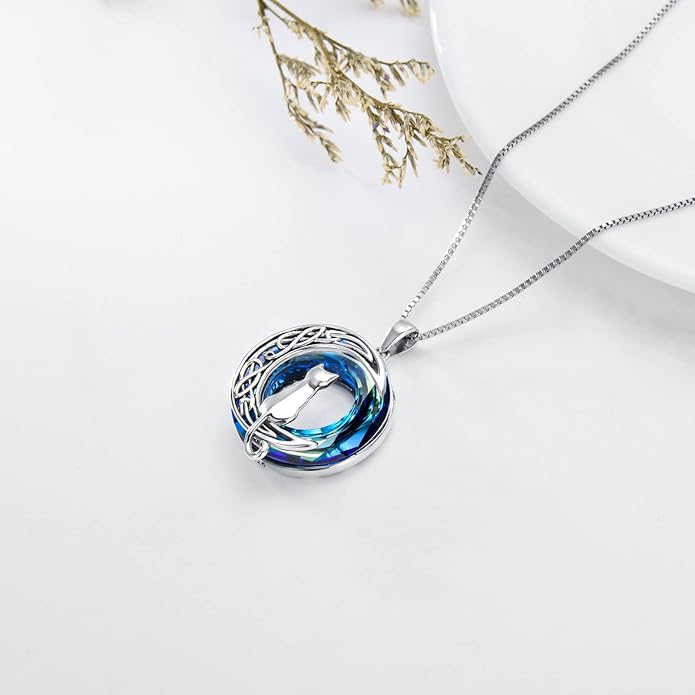 TOUPOP Cat Gifts for Cat Lovers One Two Three Four Cats Necklace Sterling Silver Cats on the Moon Pendant Necklace with Blue Circle Crystal Birthday Christmas Celtic Jewelry Gifts for Women
