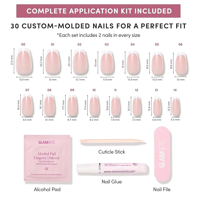 Glamnetic Press On Nails - Pearl Glaze | Medium Coffin White French Tip Fake Nails, Salon Quality French Manicure | 15 Sizes - 30 Nail Kit with Glue