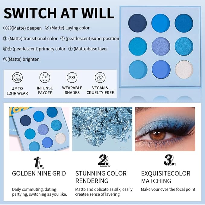 9-Color Blue Eyeshadow Palette – Matte, Shimmer & Glitter High-Pigment Eye Makeup, Waterproof Long-Lasting Blendable Navy, Aqua, Teal & Silver Shades for Bold, Creative & Mermaid Looks