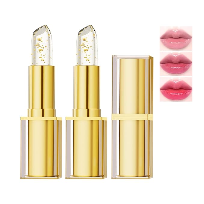 Color Changing Lipstick, Gold Crystal PH Lipstick Color Changing, Clear Lip stick That Changes Color, Long Lasting Moisturizing Tinted Lip Balm, Non-Sticky Formula, Lip Gloss for Women (2pcs, 0.12oz)