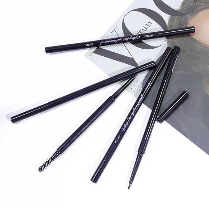 5 Pcs Dual-Sided Auto-rotate Ultra-Fine Tip Eye Brow Pencils Pack,Draws Tiny Precise Brow Makeup, Defines, Fills Brows, Shapes, Contours, Combs, ‌1mm Pen Point (Black+3*Dark Brown+Gray)