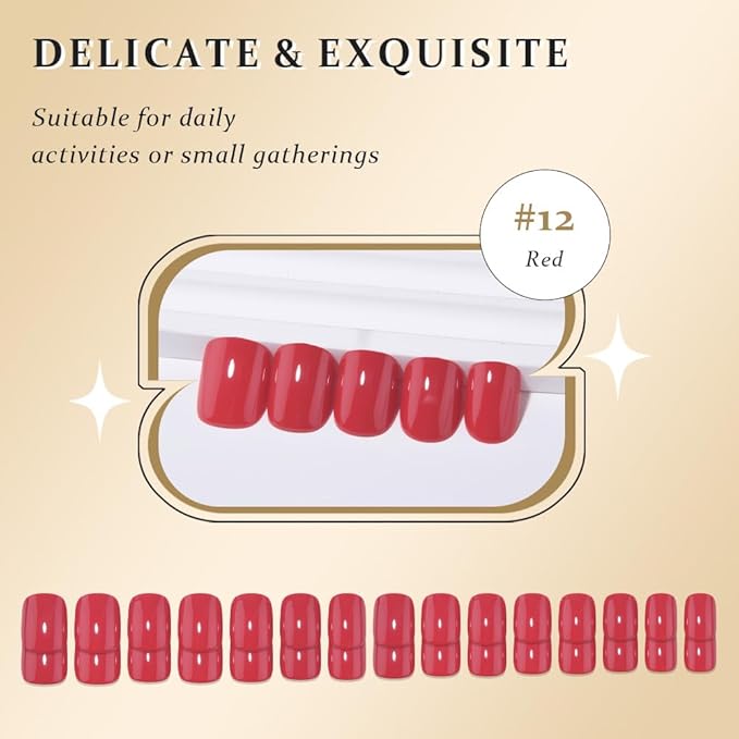 evpct Acrylic Red Glossy Press on Nails Short Square, Glossy Red Fake Nails Summer Reusable False Nail Stick on Press ons for Women Gifts, Perfectly Fit Durable False Nail Kit with Gel Gel 30Pcs