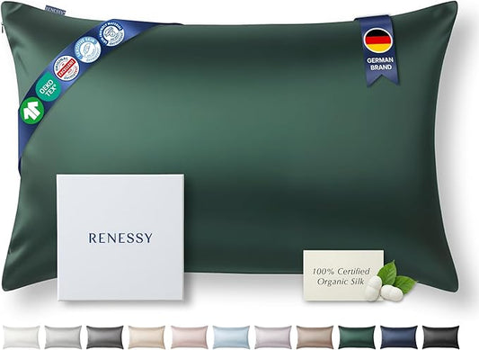 RENESSY Premium Silk Pillowcase 100% Organic Mulberry Silk, 22 Momme, Grade 6A - Oeko-Tex Certified in Germany - Luxury for Hair & Skin, 1 Piece (Queen Size 20x30 Inches, Emerald Green)