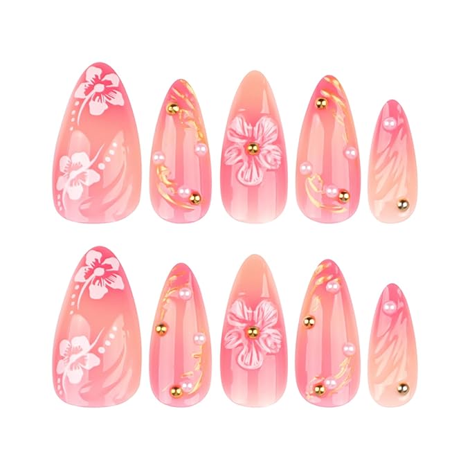 24Pcs French Tip Press on Nails Hand Painted Almond Fake Nails Nude Pink False with 3D Pearl Charms Designs Acrylic Artificial Nails Full Cover Summer Flower Nail Art Stick on Nails for Women