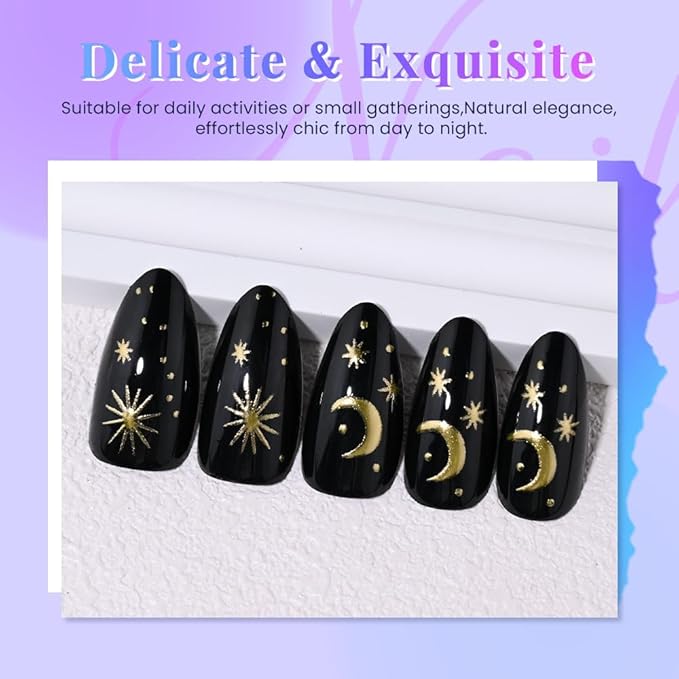XZMeiLun Black Star Moon Press on Nails, Long Almond Acrylic Fake Nails Design, Natural Reusable Glue-On Nails Kit for Women DIY 3D False Nail Art Decoration Gift, Salon Quality Reusable 15/30 Psc