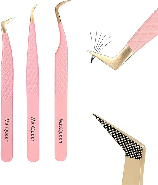 Ms.Queen Eyelash Tweezers for Extensions,Professional 3Pcs Fiber Tip L-Shaped Boot Volume Curved Lash Tweezers Set