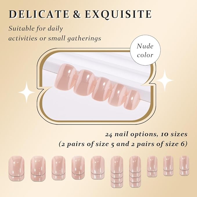 evpct Nude Glazed Press on Nails Short Square for Women Girls Gift, Chrome Glazed Nude Fake Nails Reusable with Soft Gel, Glossy Glitter Stick on False Nail Kit Salon Quality DIY at Home, 01