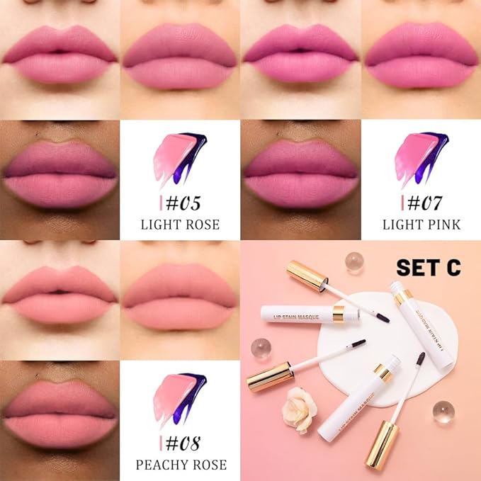 evpct 3Pcs Peel Off Lip Stain Tints with Tweezer, Liquid Lipstick Lip Stain Gloss Long Lasting Waterproof for Women, Non-stick Cup Lipstick Peel Off Highly Pigmented 24 Hrs Original Lips Stains, Set03