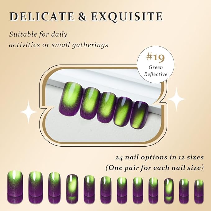 evpct Dark Grape Purple Green Metallic Cat Eye Press on Nails Square Medium, Stick on Nails Medium Length Square for Women, Metallic Nail press ons, Iridescent Glitter Acrylic Fake Press on Nail