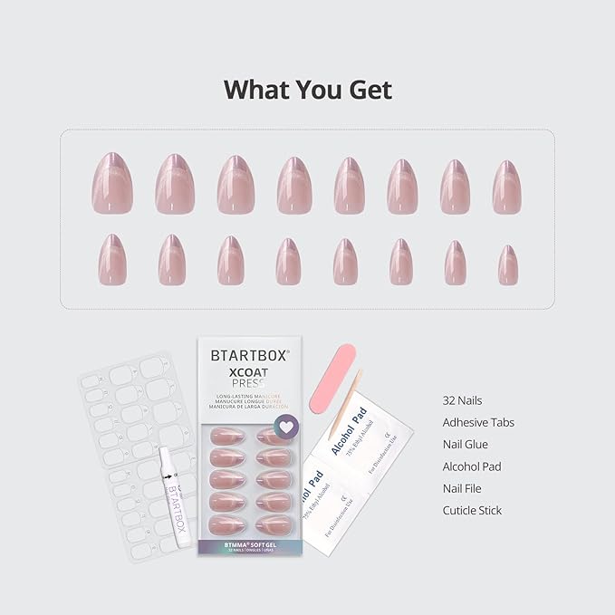 BTArtbox Press On Nails Almond - Diamond Dust, Lamp-Curable Cat Eye Chrome French Tip Short Press On Nails with Glue and Adhesive Tabs for Women in 16 Sizes - 32 Soft Gel Glue On Nails Kit