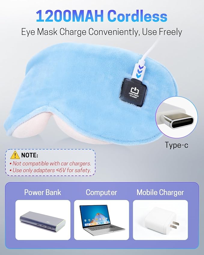 Heated Eye Mask for Dry Eyes, Stye Relief and Improved Sleep - Cordless Rechargeable Warm Compress with Graphene Heating, 3 Temp Settings, Auto Shut-Off, Washable Sleep Mask for Travel