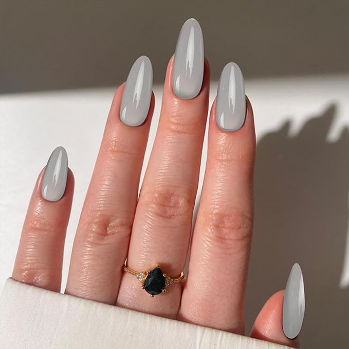 JONKASIPA French Pressed Glue Manicure - Gray Short Oval False Nails, Reusable Adhesive False Nails,Salon Quality 12 Sizes - 24pcs Nail Set
