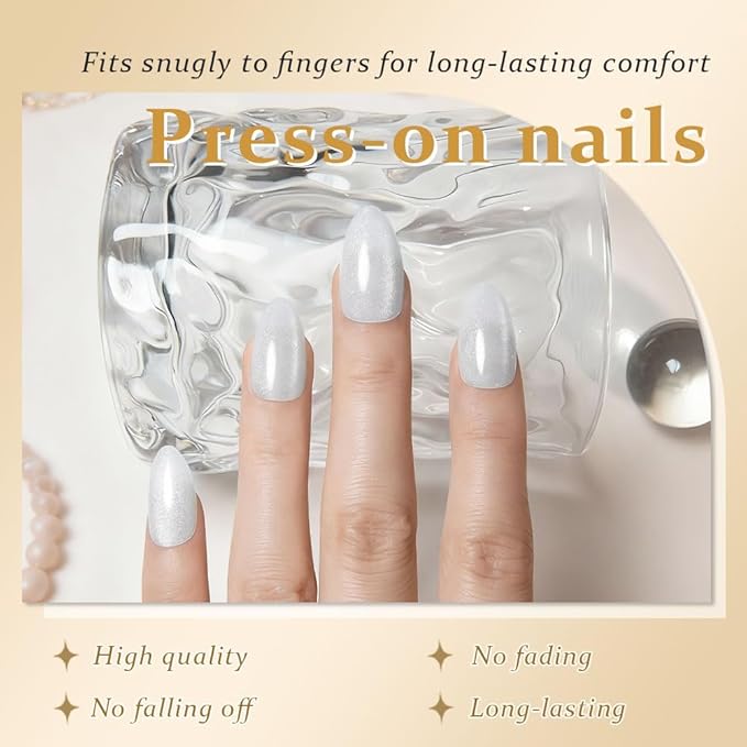 Cat Eye Press on Nails Almond Short, Cat Eye Stick on Nails Press on, Pearl White Nude Pink Glitter Short Almond Press Stick on Nail, Fake Nails Press ons with Kits, Reusable Acrylic Fake Nail Kit