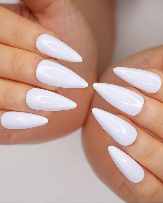 morily 24Pcs Pure White Fake Nails Medium Length Press on Nails Stiletto Almond False Nails Tips Long Acrylic Glossy Stick on Nails Solid Color Full Cover Finger Manicure for Women (White)