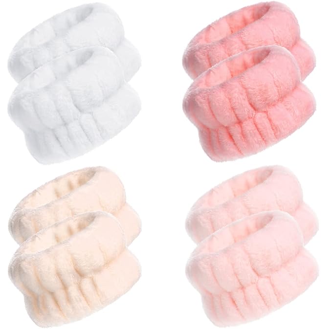 Chuangdi 4 Pairs Wrist Bands for Washing Face Wrist Spa Microfiber Wash Towel Band Scrunchies Absorbent Wristbands Sweatband for Women Prevent Liquid from Spilling(Pretty Colors)