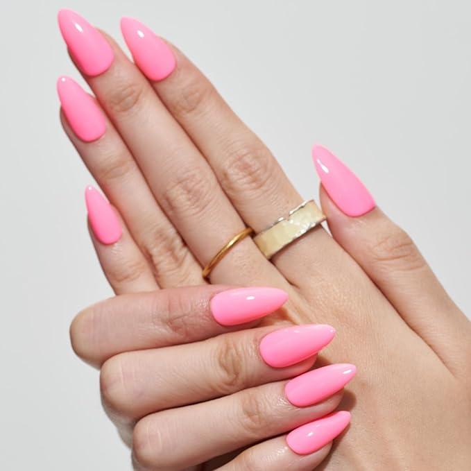 GLAMERMAID Press on Nails Medium Almond, Spring Summer Handmade Hot Pink Gel Glue on Nail, Glossy Short Stiletto Reusable UV Finish Fake Nails Acrylic False Nails Manicure Kits for Women