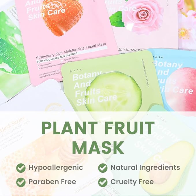CAKAILA 8 Pack Plants Fruits Face Sheet Mask Skincare,Hydrating Face Mask For Sensitive Skin,Moisturize,Soothing,Nourish for All Skin Types,Natural Spa Party Facial Mask Skincare Set for Women Men